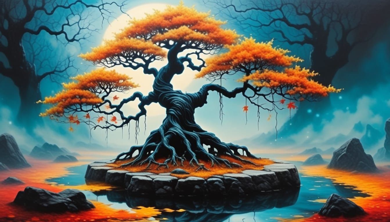 Surreal Maple Bonsai Tree in Dreamlike Fog