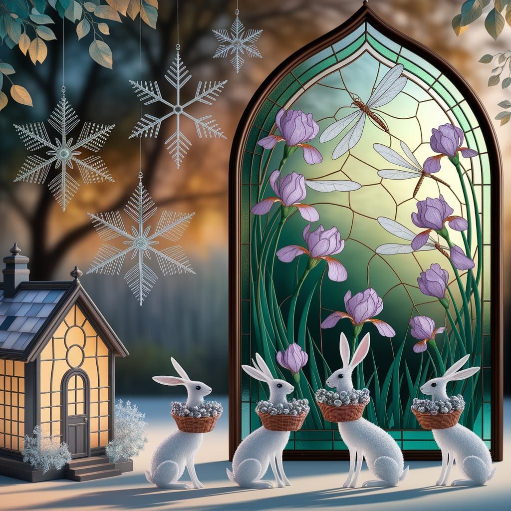 Art Nouveau Glass Snowflake Scene in 8K