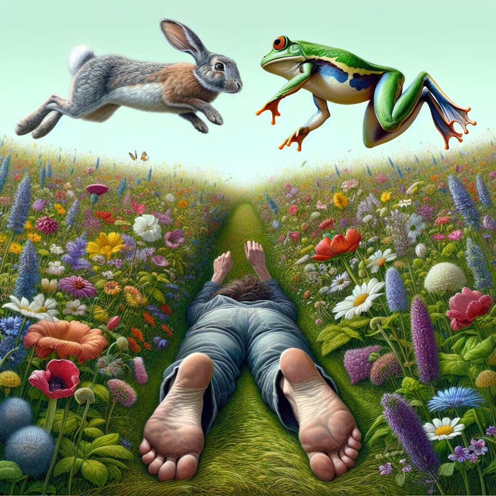 Rabbit and Frog Jump Competition in Wildflower Meadow