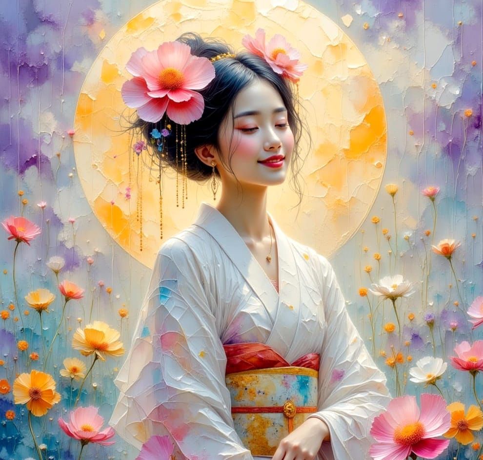 Luminous Japanese Goddess in Rainy, Impasto Style