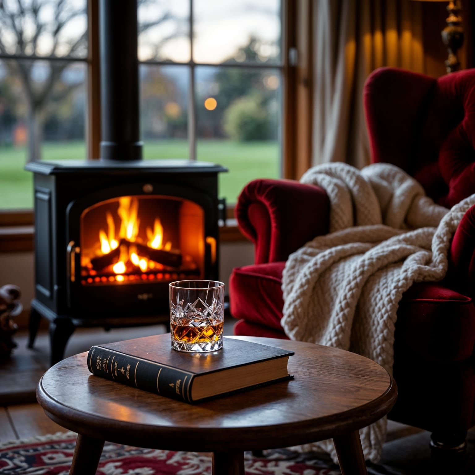 Cozy Living Room at Dusk with Firelight