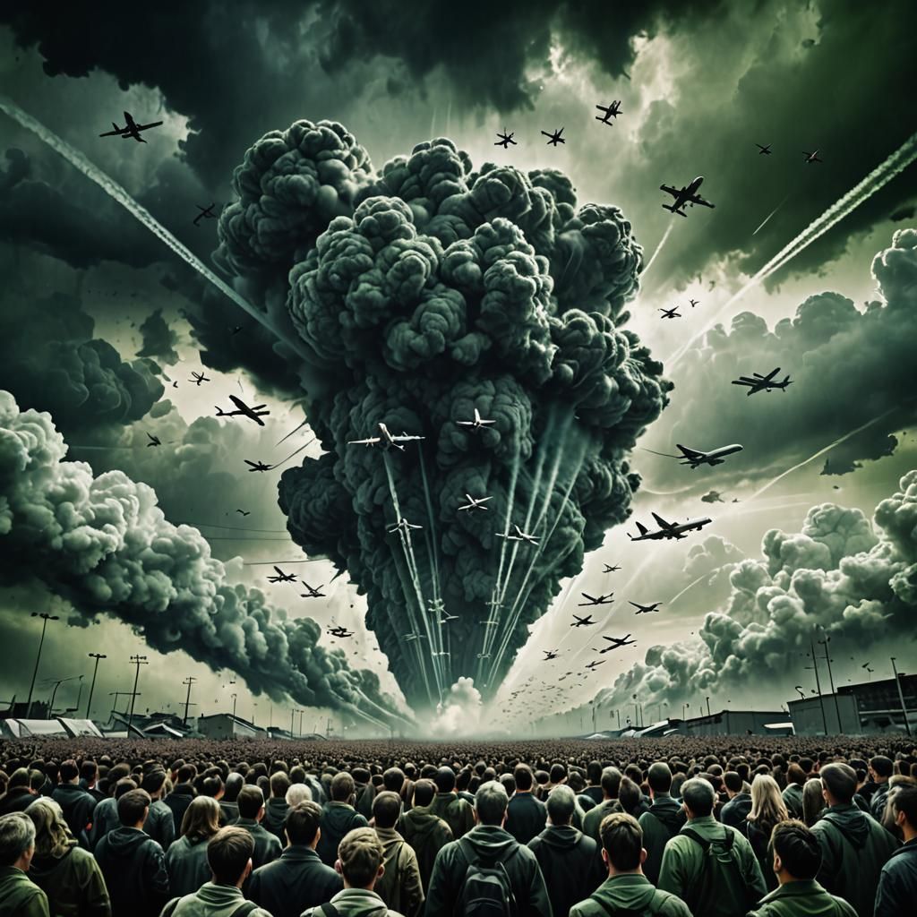Dark Surrealism: Chemtrails Over a Dystopian Crowd