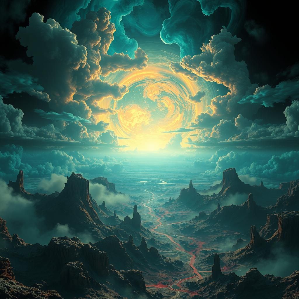 Vibrant Alien Landscape with Swirling Clouds