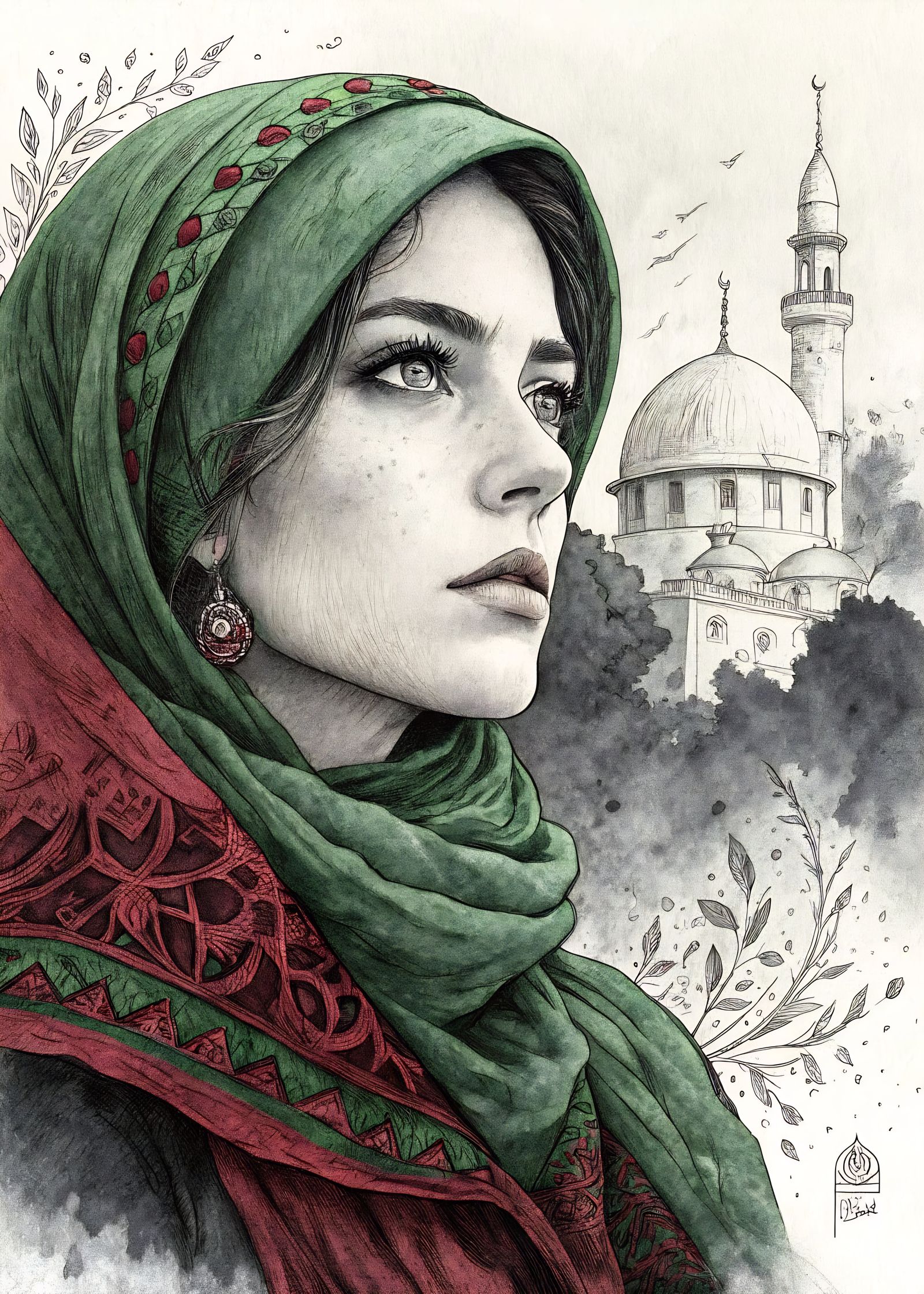 Modest Palestinian Woman in Green Hijab, Intricately Detaile...