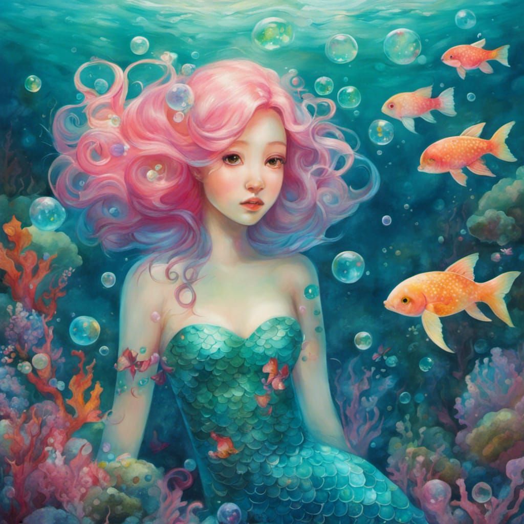 Underwater Mermaid with Bubbles in Anime Style