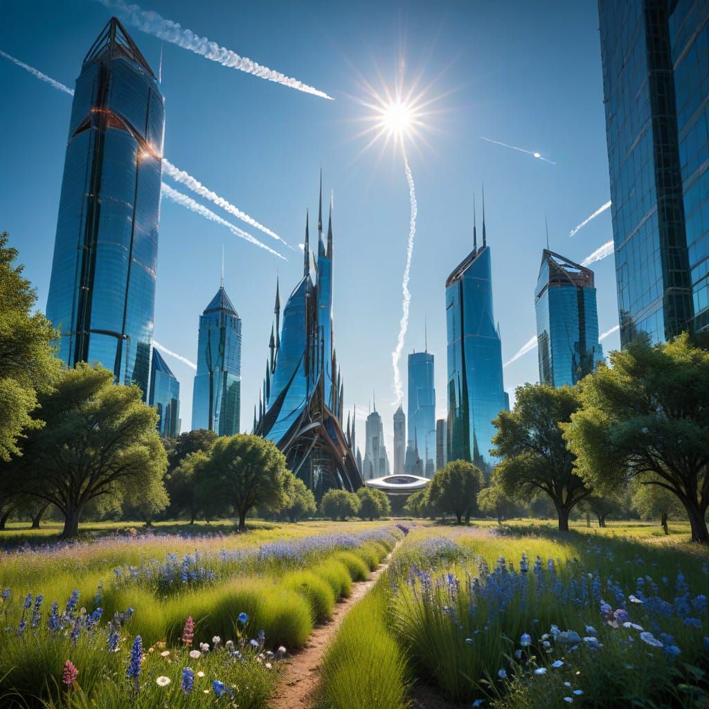 Harmonious Futuristic Landscapes with Luminous Crystal Tower...