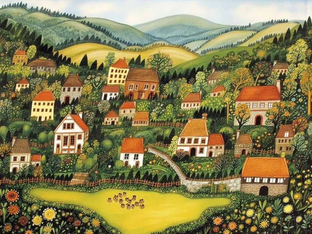 Whimsical Swedish Countryside Village in Morning Light