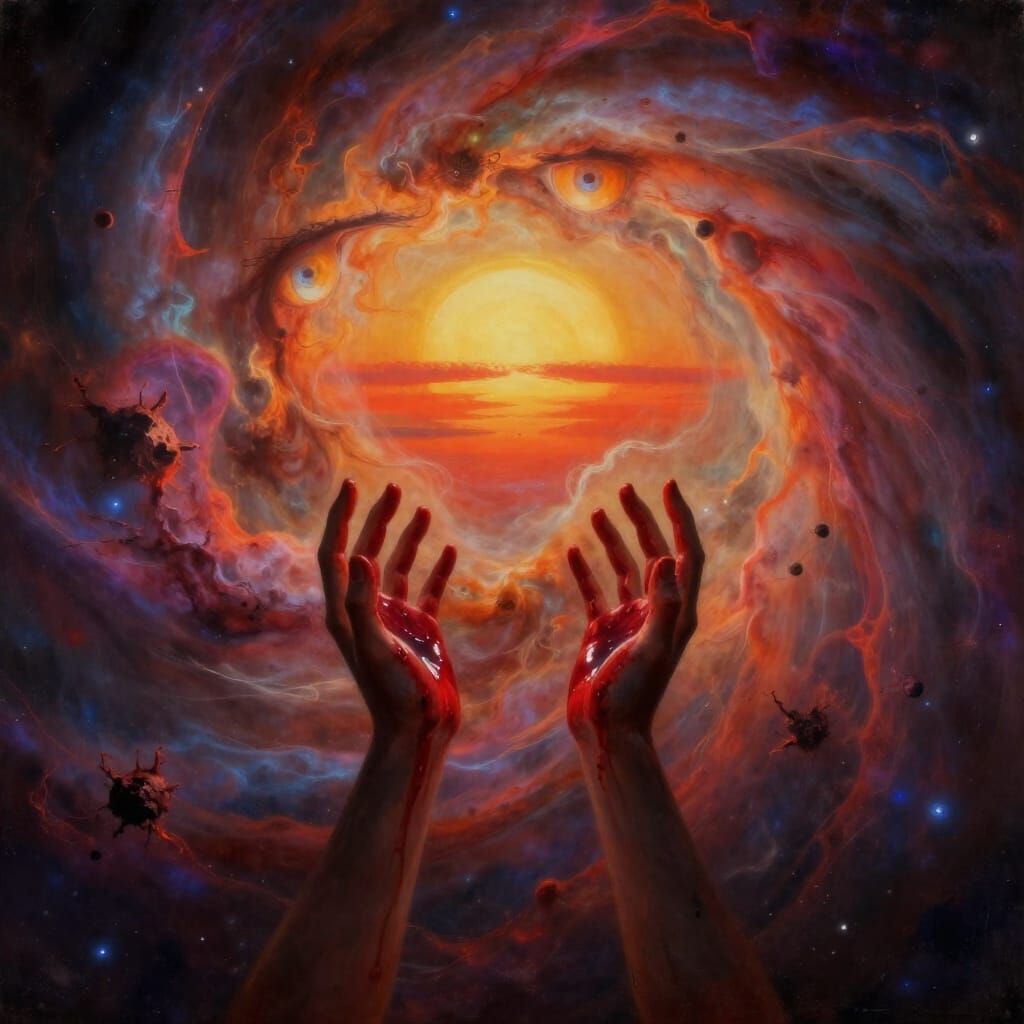 Cosmic Sunset Sacrifice in Surrealist Digital Painting