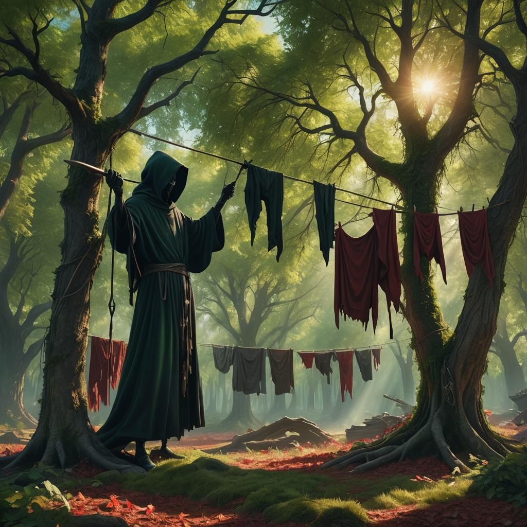 Grim Reaper Laundry Day in Forest, Eerie Art