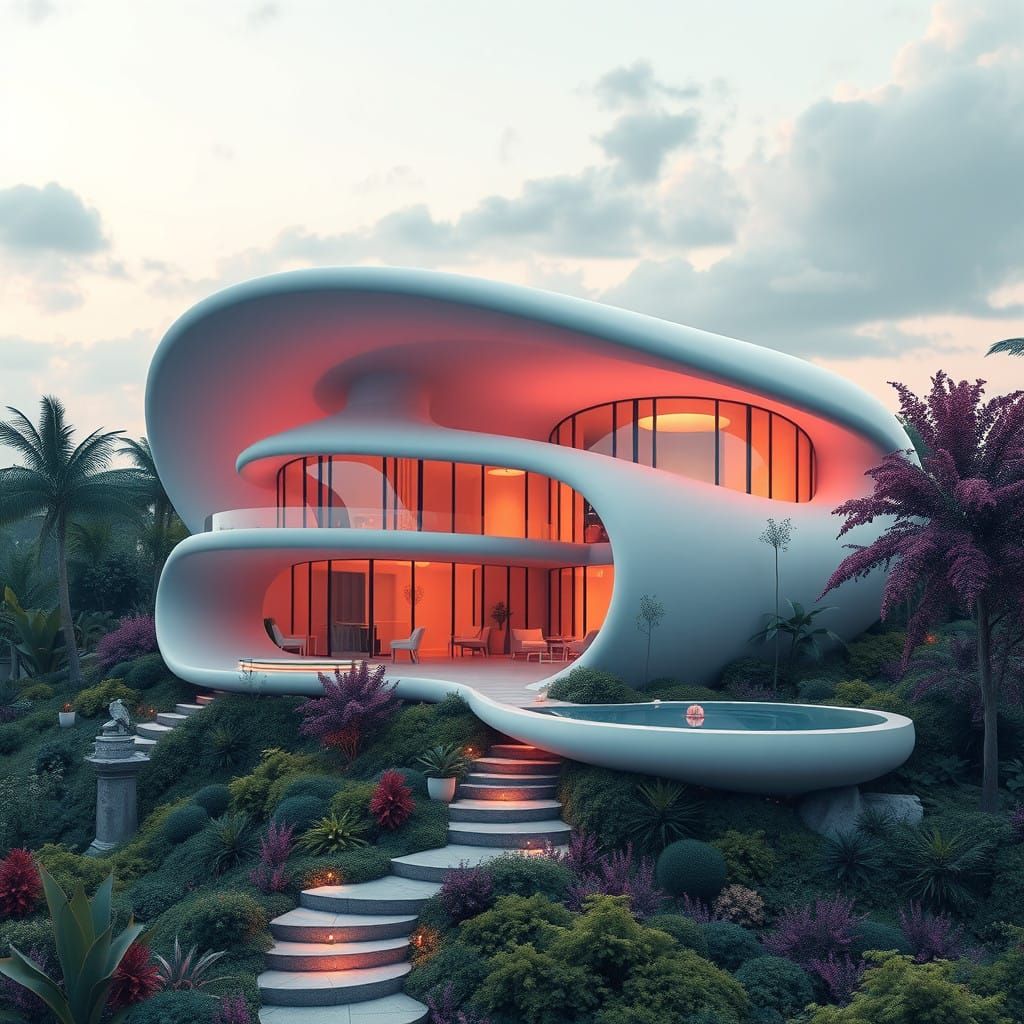 Curved Modern Fantasy Mansion in a Vibrant, Dreamlike Landsc...
