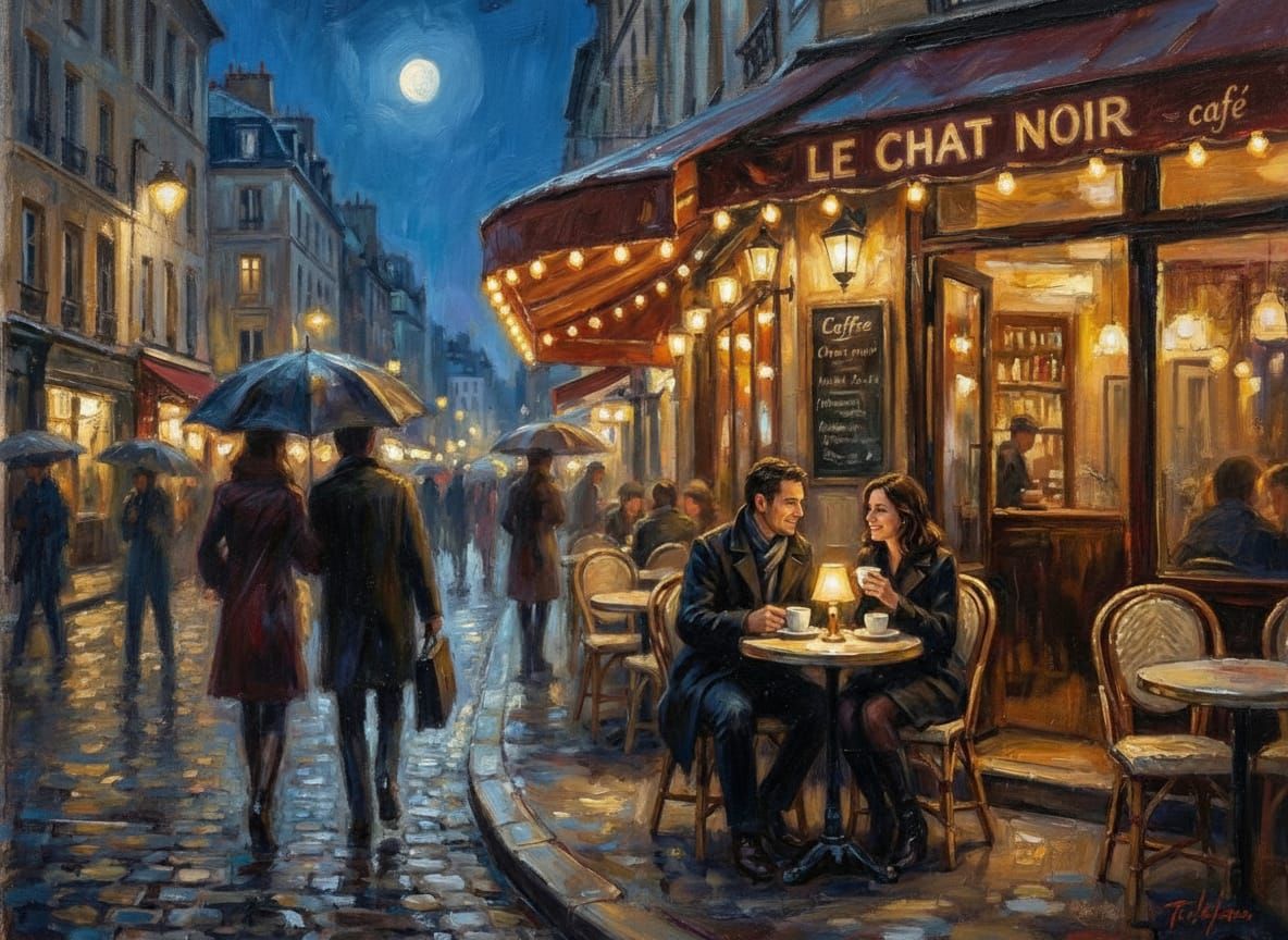 Parisian Cafe Scene Oil Painting at Night