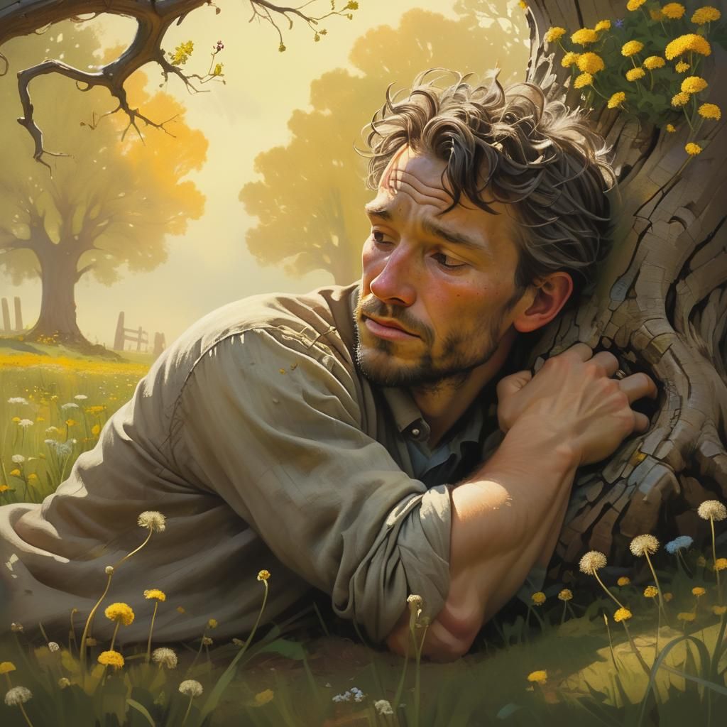 Dreamy Figure Resting Under Gnarled Tree