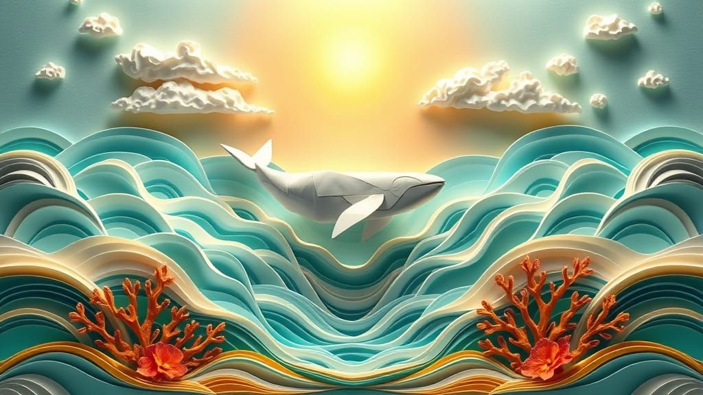 Symmetrical Paper Seascape with Origami Whale