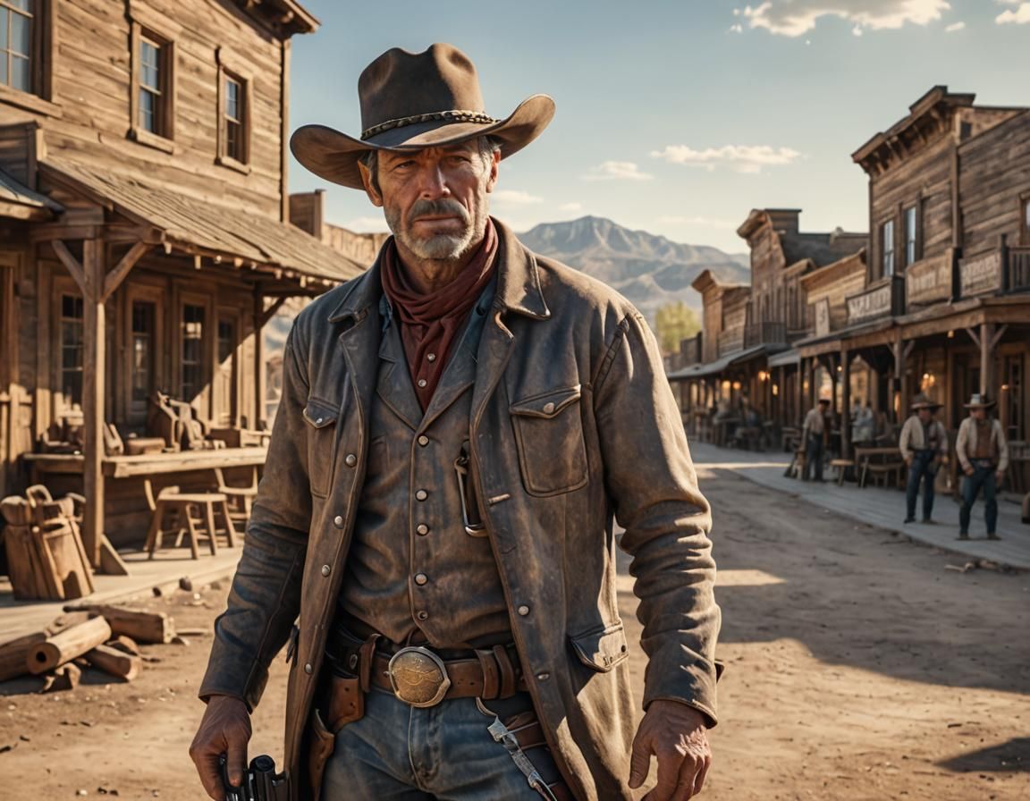 Weathered Cowboy Ready to Draw in Western Town