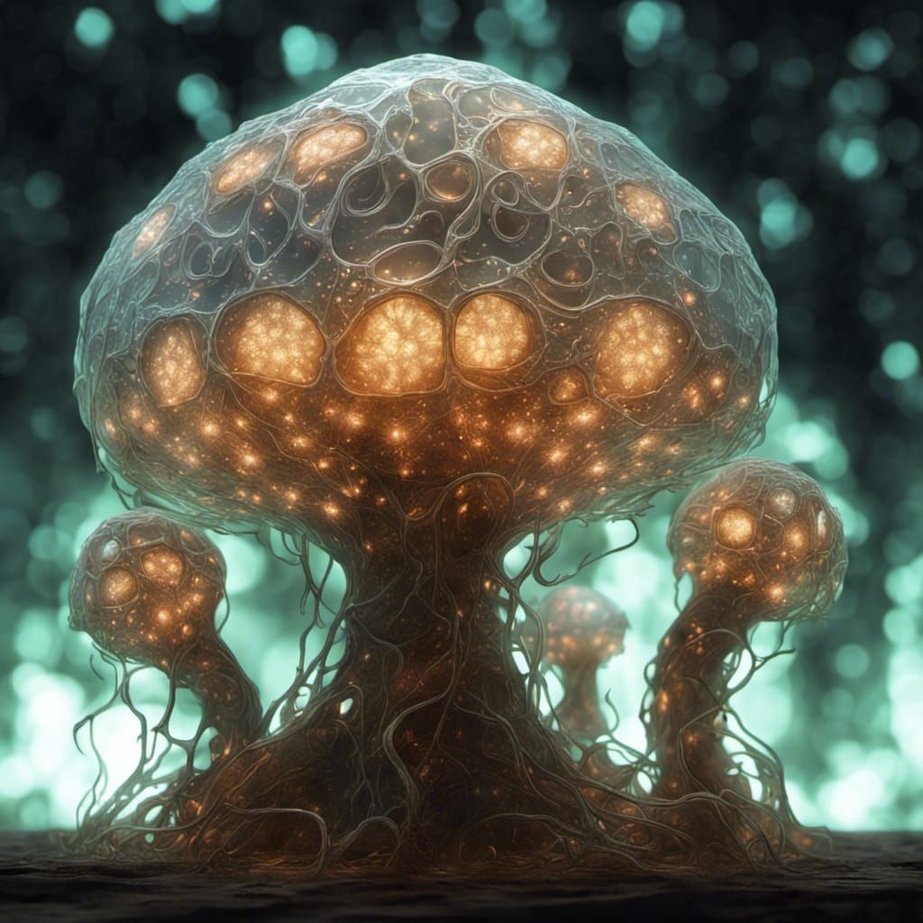 Bioluminescent Crystal Golem in a Mushroom Cavern
