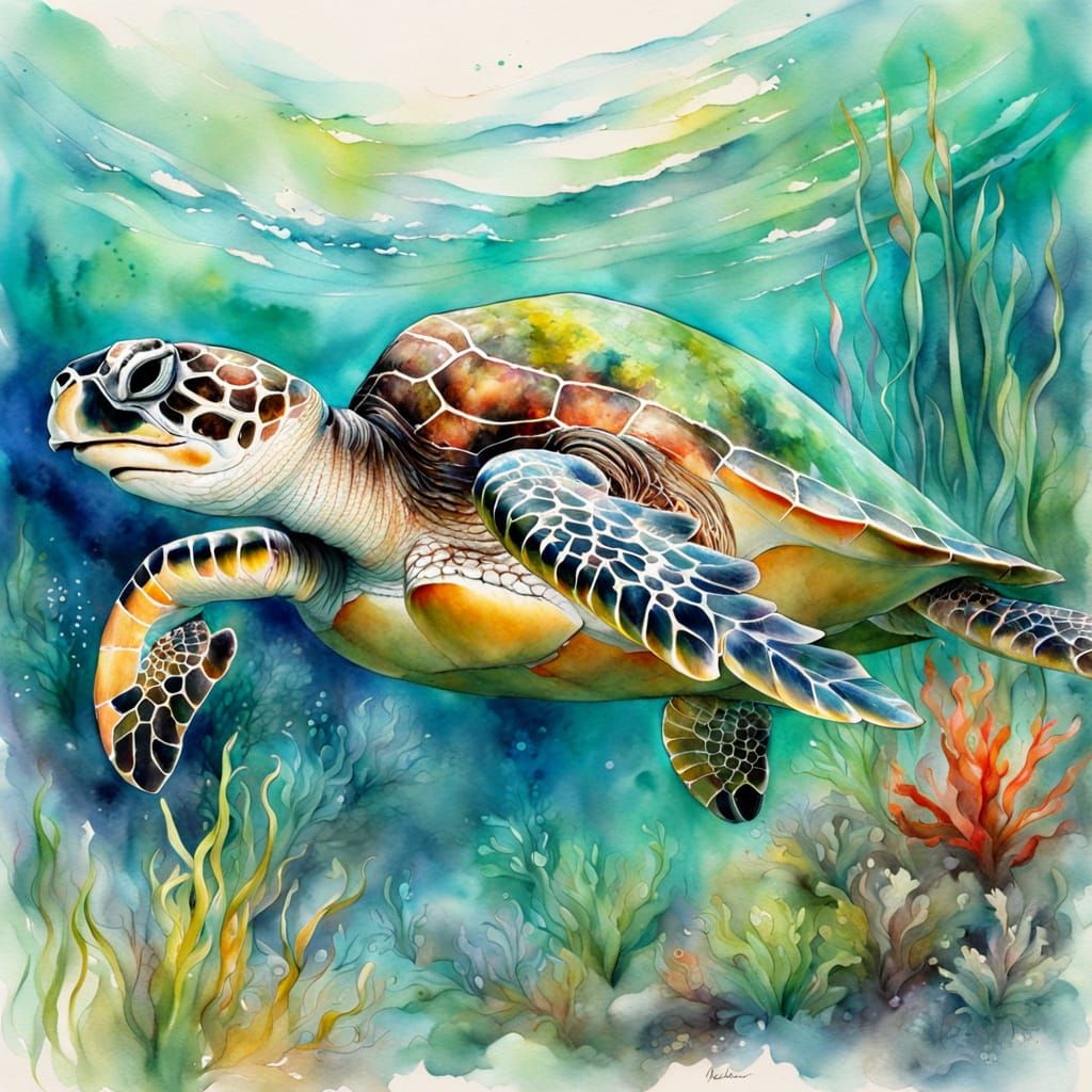 Sea Turtle in Underwater Fantasy Realm as Watercolour