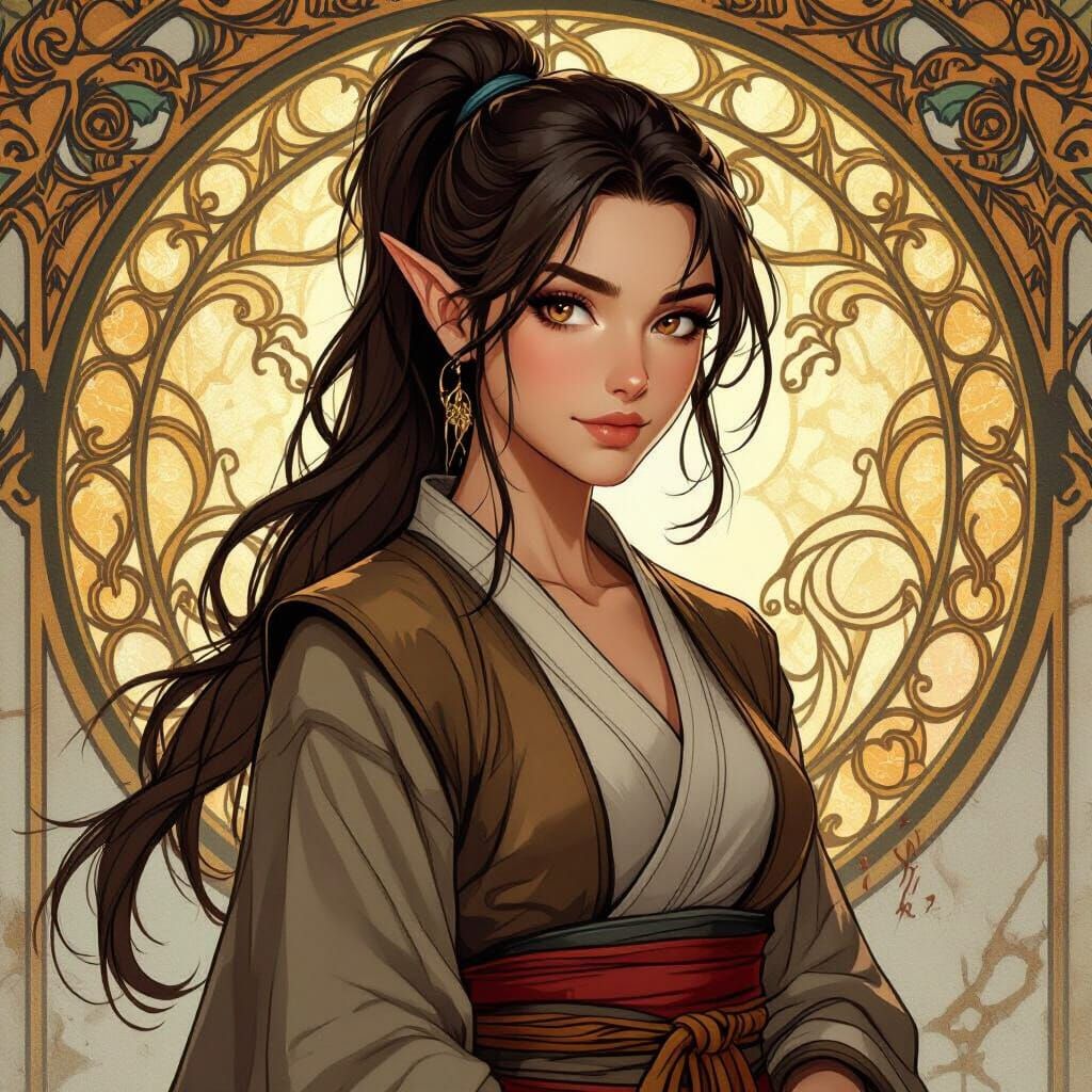 Elegant Half-Elf Monk in Alphonse Mucha Style
