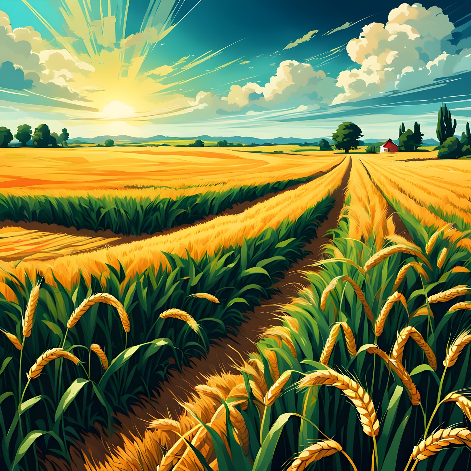 Vibrant Pop Art Wheat Field Landscape
