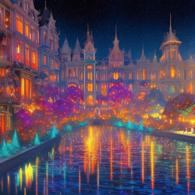 Festive Cityscape with Christmas Lights, Digital Art