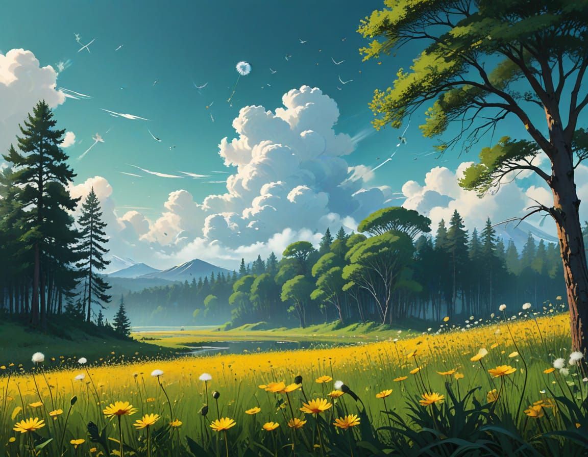 Swaying Dandelions in a Sunlit Meadow