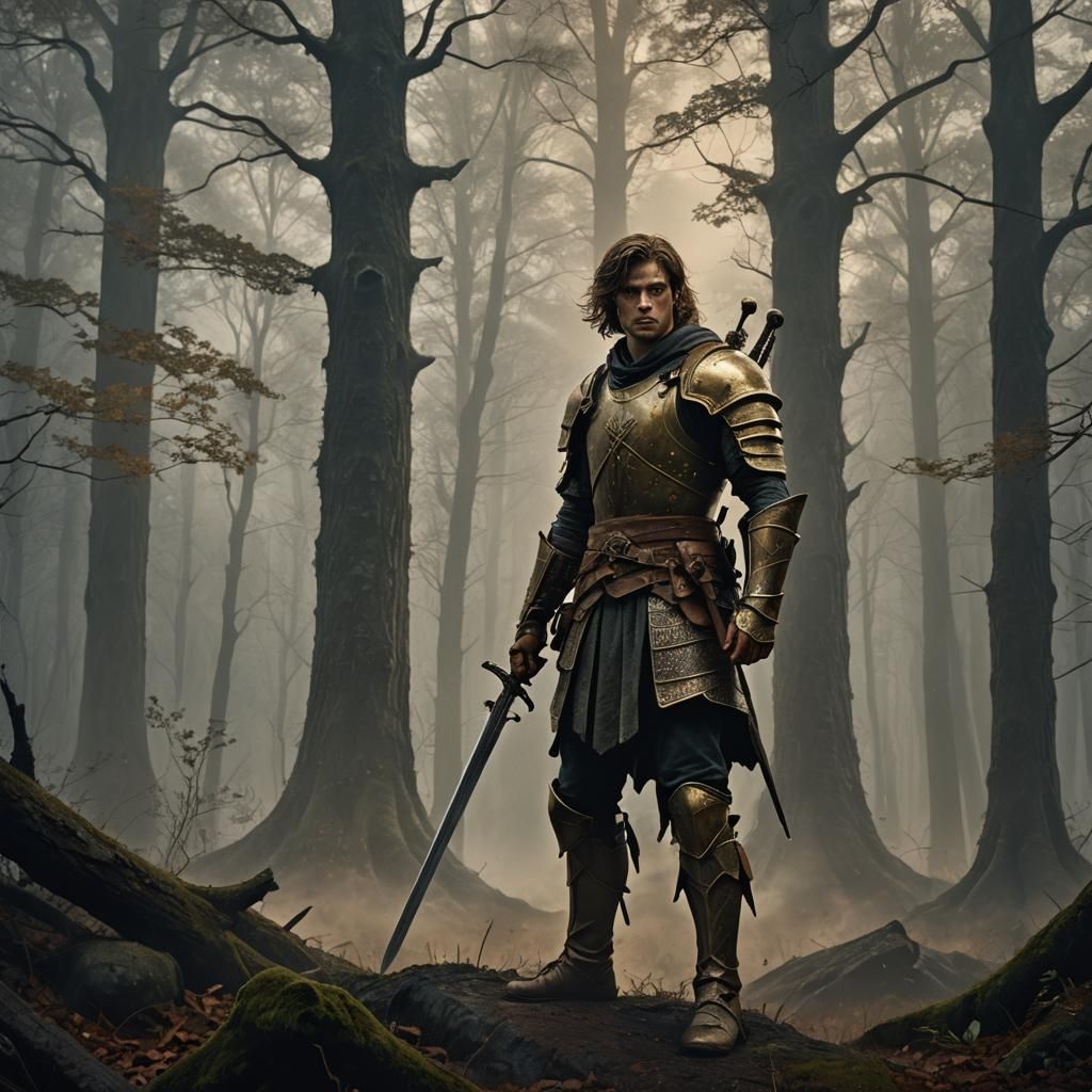 Lone Warrior in Misty Forest: Epic Fantasy Art