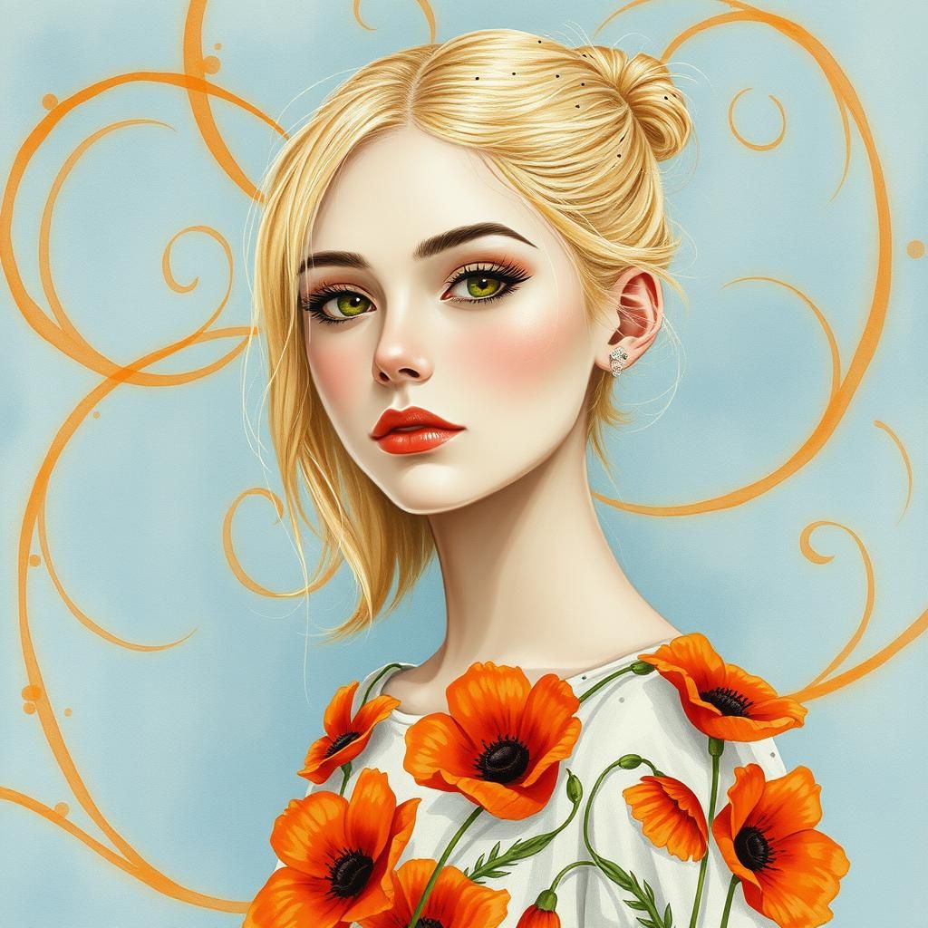 Aquarelle Portrait of a Woman with Poppies