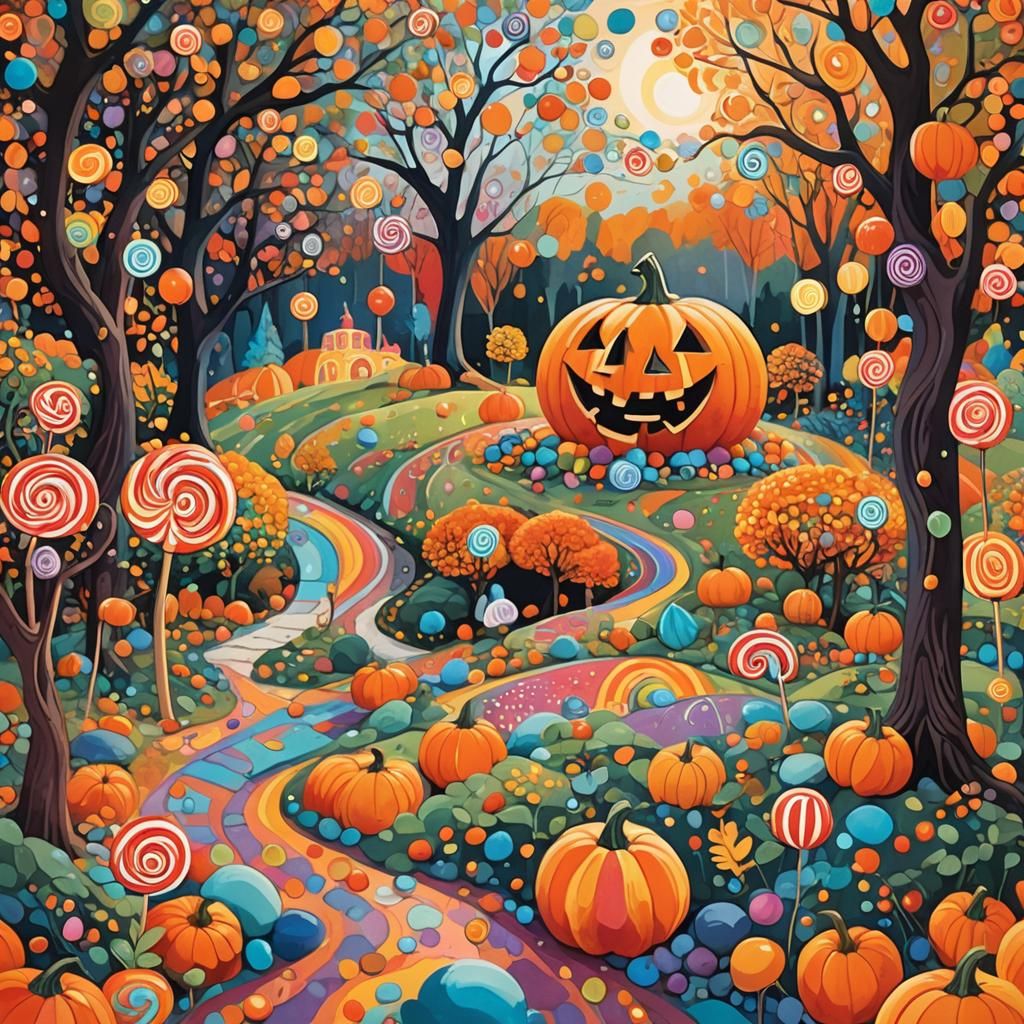Whimsical Pumpkin in Candyland Gouache Illustration