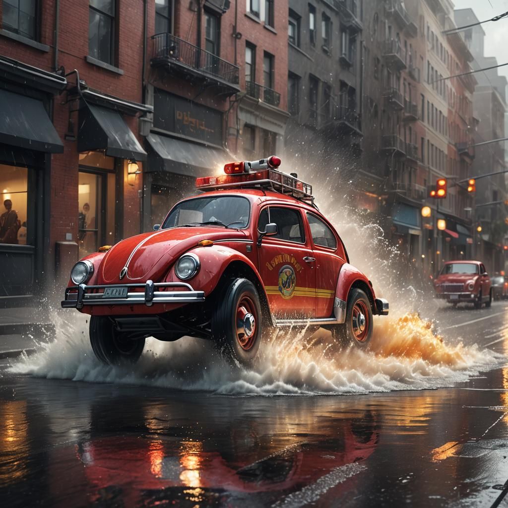 VW Beetle Fire Truck in Action