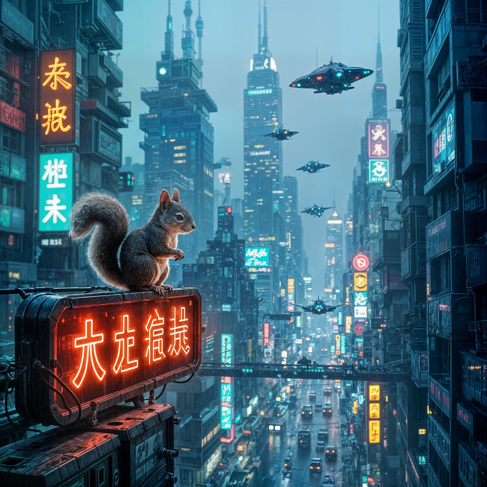 Cyberpunk Cityscape Through Squirrel's Eyes
