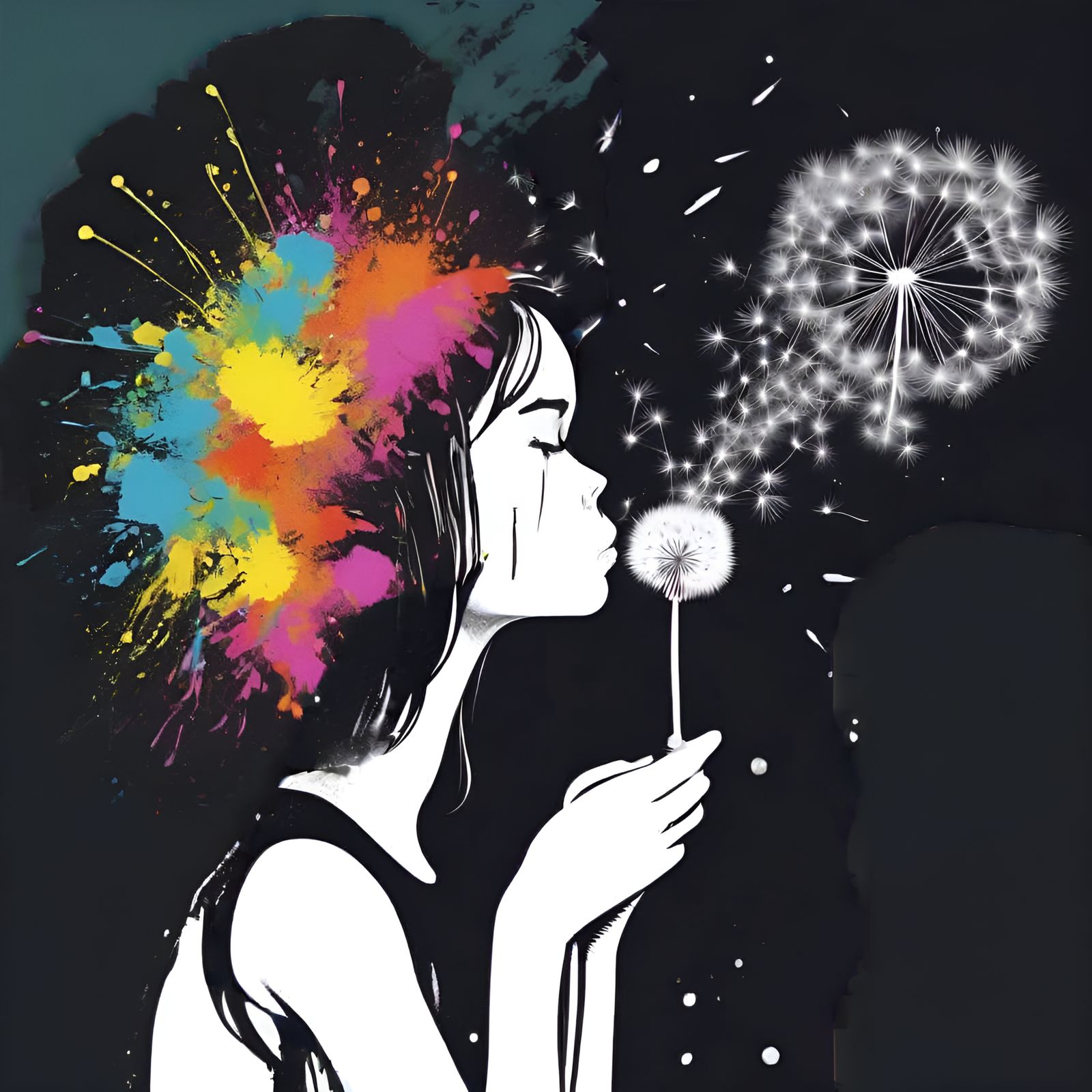 Sad Girl's Colorful Wish in Ink Splatter Art