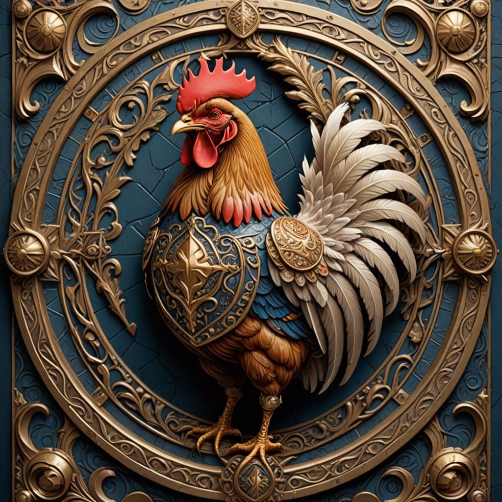 Surreal Heraldic Shield Adorned with Noble Chicken Emblem