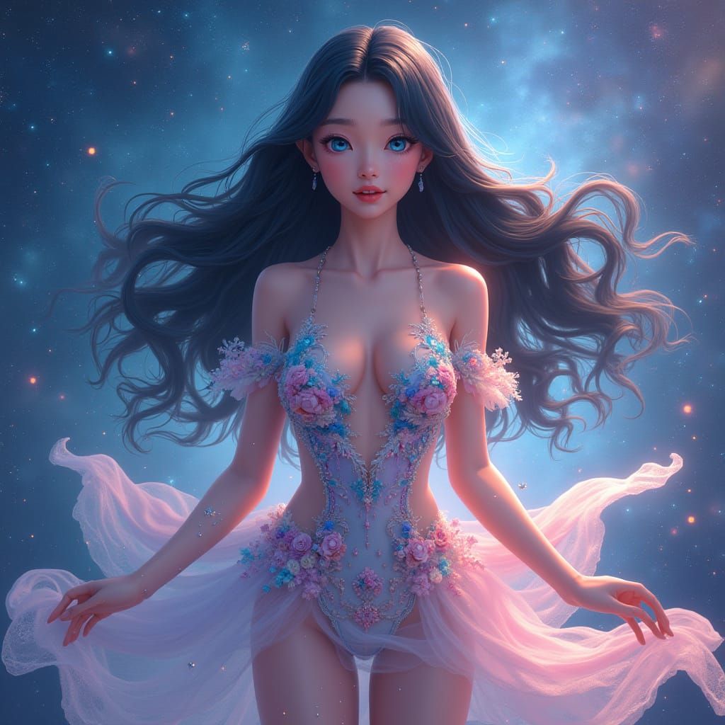 Ethereal Manga Anime Woman in Galaxy of Stars