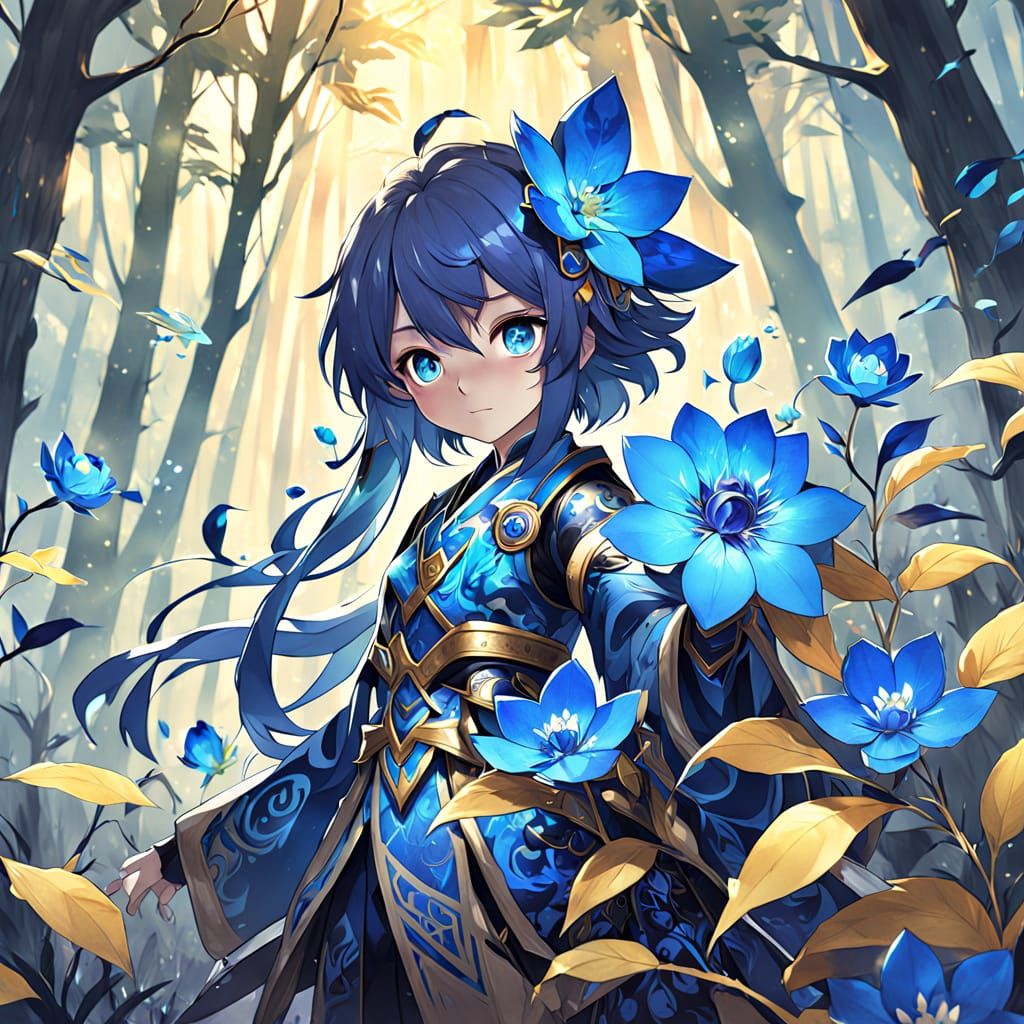 Glowing Blue Flower in Dark Forest, Inkwash Painting