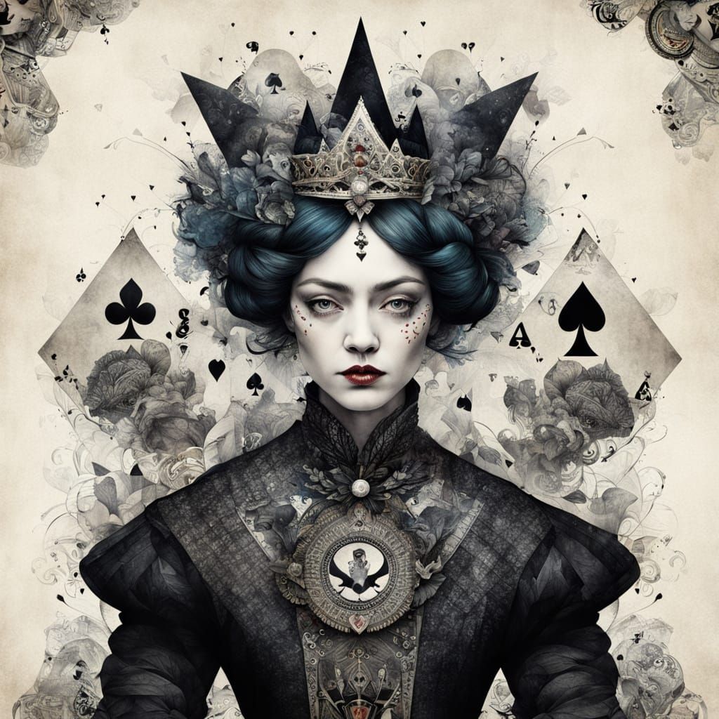 Queen of Spades in Hearts Game, Intricate Collage Art