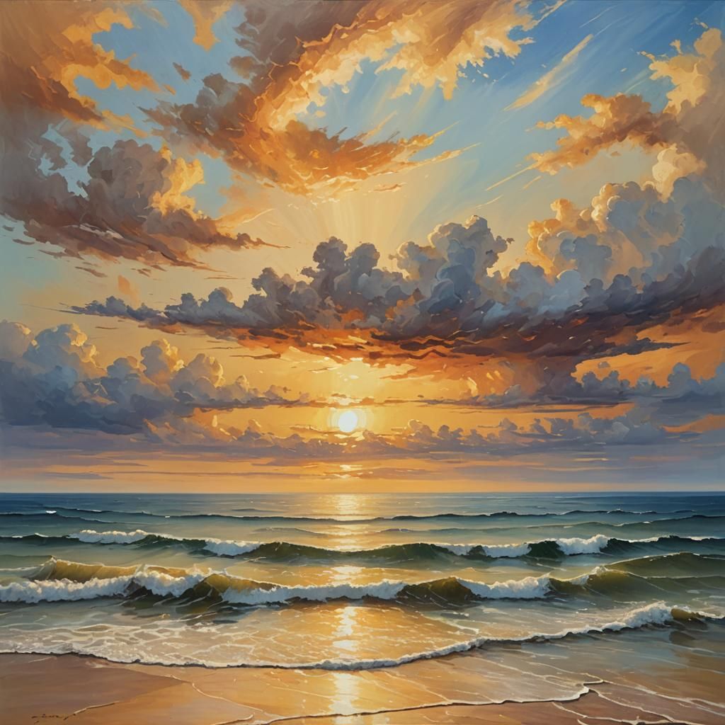 Vibrant Ocean Sunset in Oil Painting Style