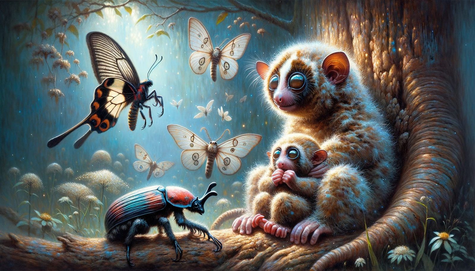 Enchanting Baby Loris and Aye-Aye with Jewel Beetles
