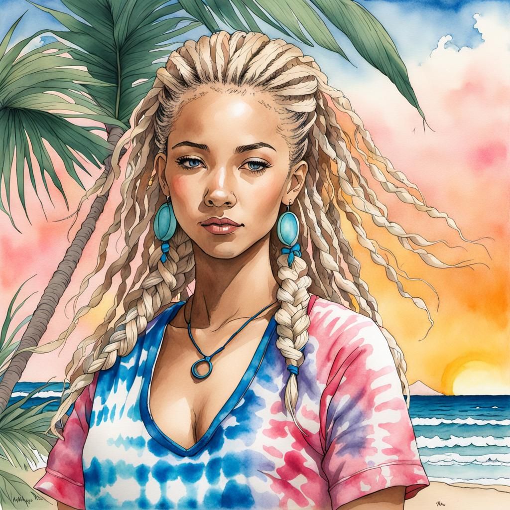 Woman with Dreadlocks on Beach in Comic Art Style