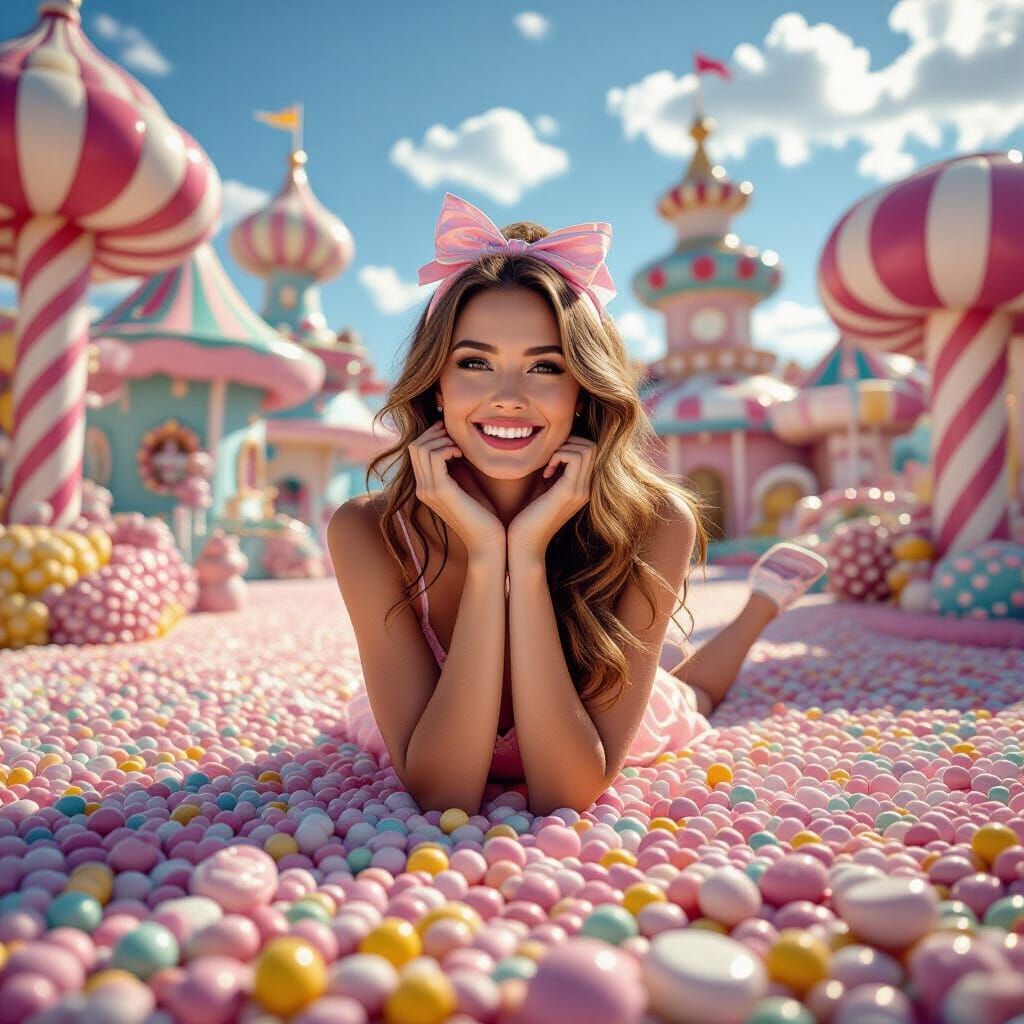 Woman Exploring Vibrant Candy Land Scenery