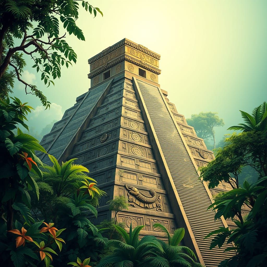 Ancient Aztec Pyramid in Whimsical Anime Style