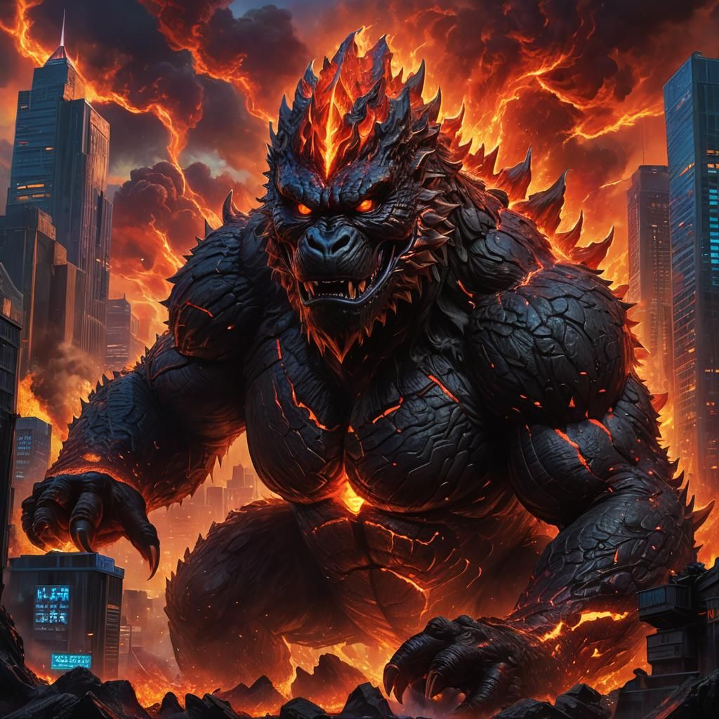 Godzilla Kong Hybrid Portrait in Fiery City