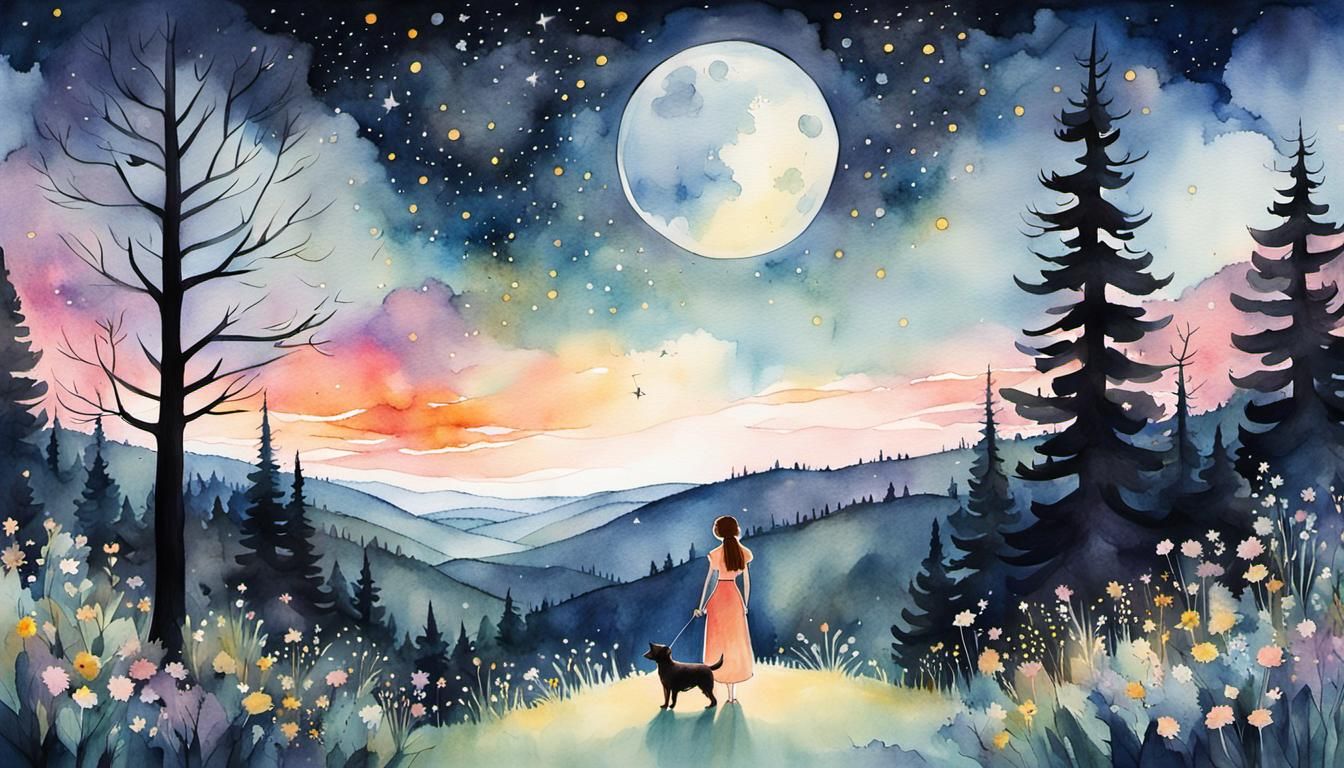 Woman and Dog in Starry Forest, Watercolor Style