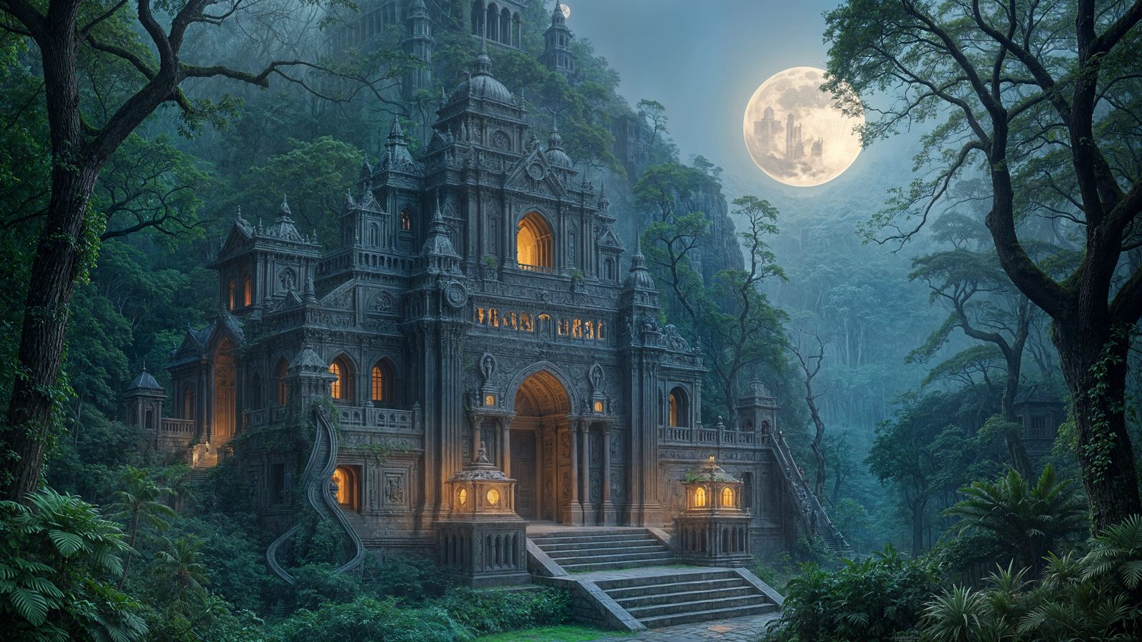 Majestic Ancient Temple in Misty Jungle Under Moonlight