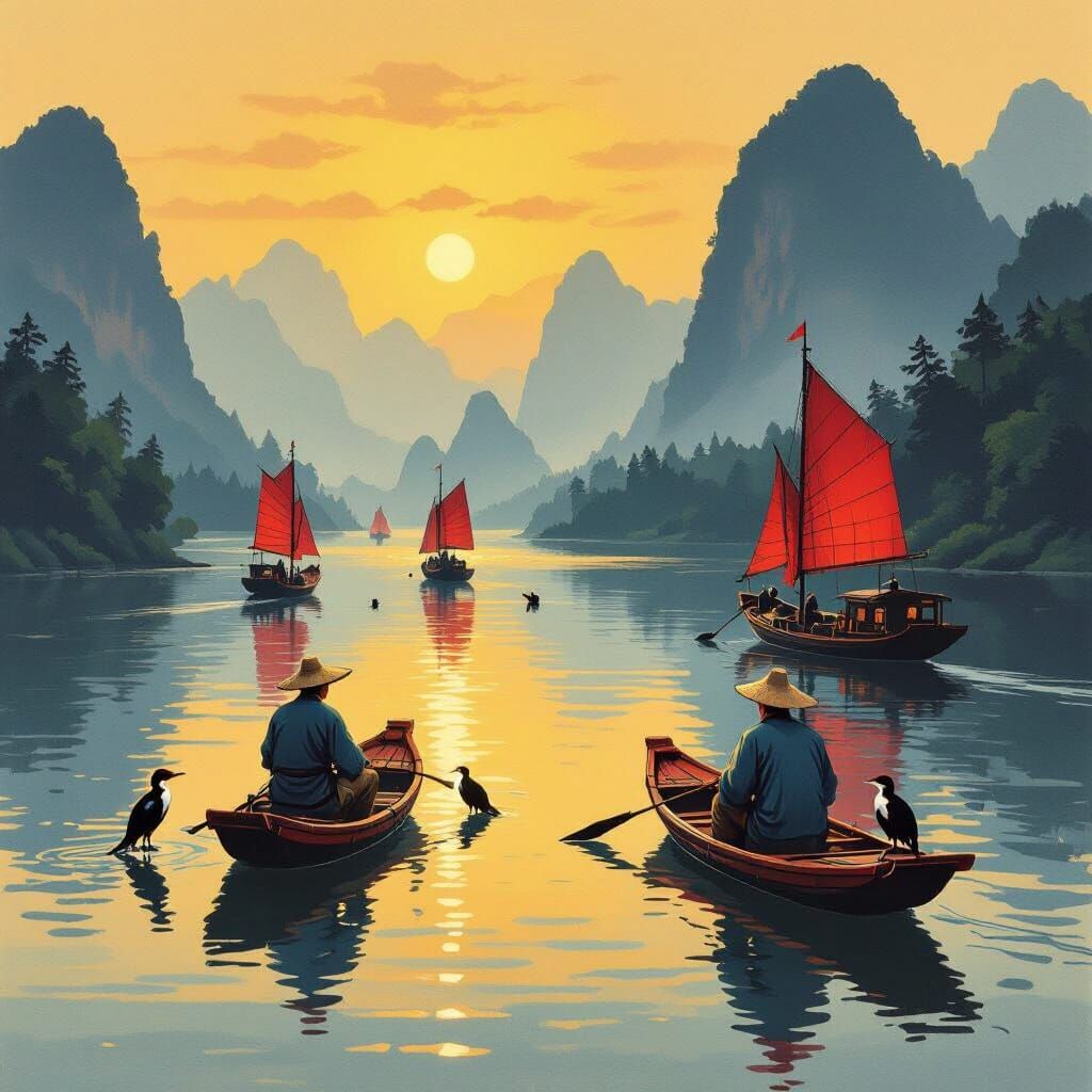 Chinese Fishing Boats on Serene Lake at Sunset
