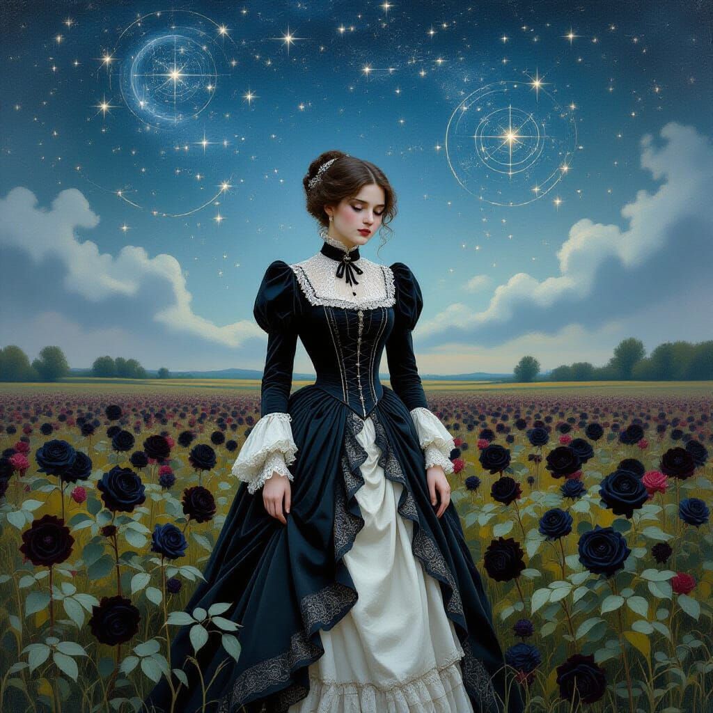 Victorian Solitude: Woman in Black Roses Under Constellation...