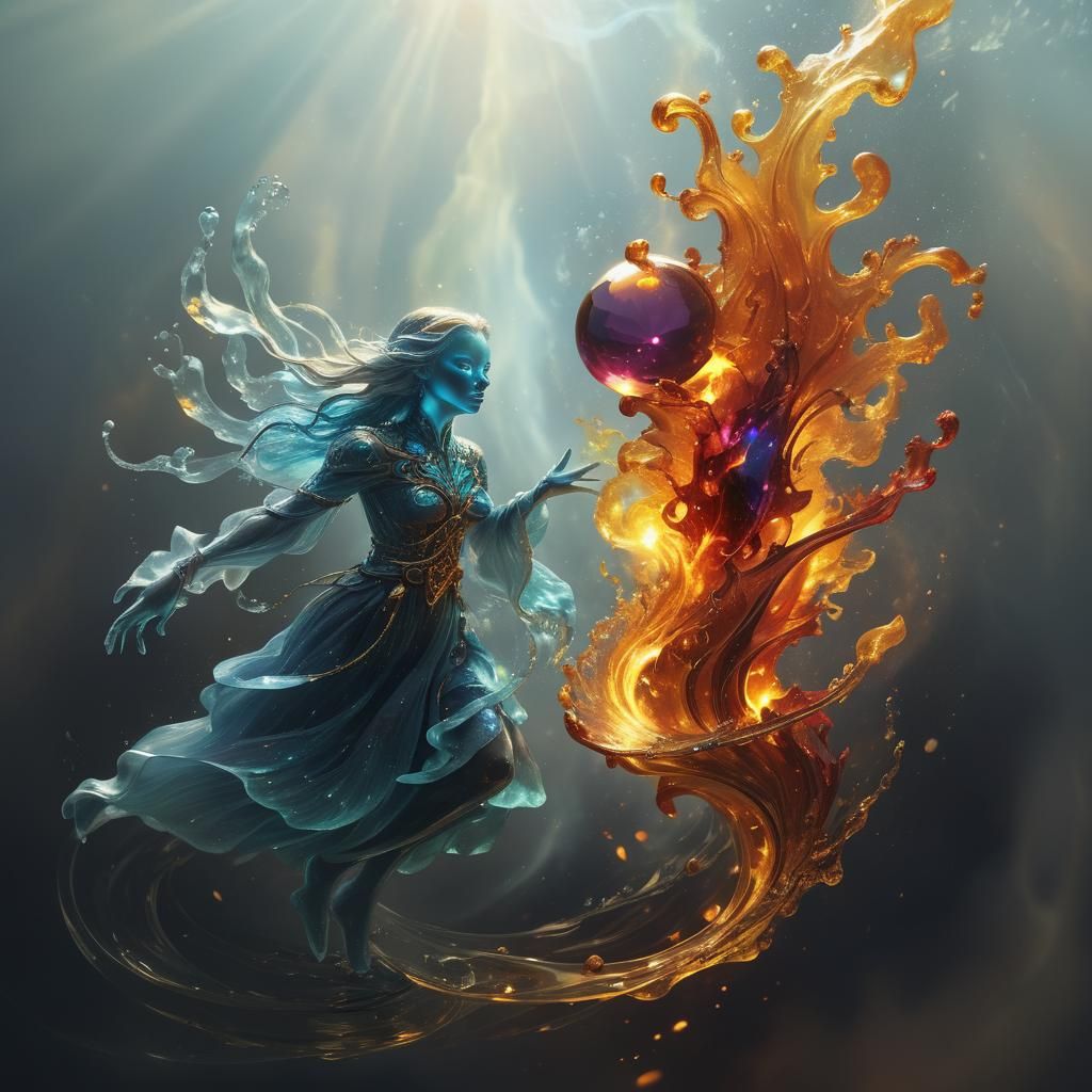Bioluminescent Gemstone Surrounded by Fire and Water