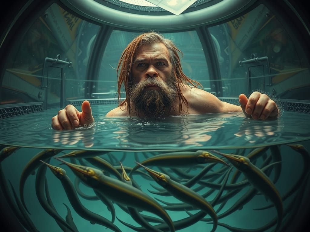 neanderthal man in a sensory-deprivation tank with eels