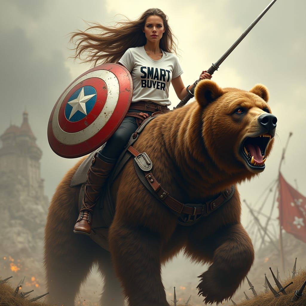 Epic Medieval Warrior Woman Rides Armored Bear, Shield in Ha...