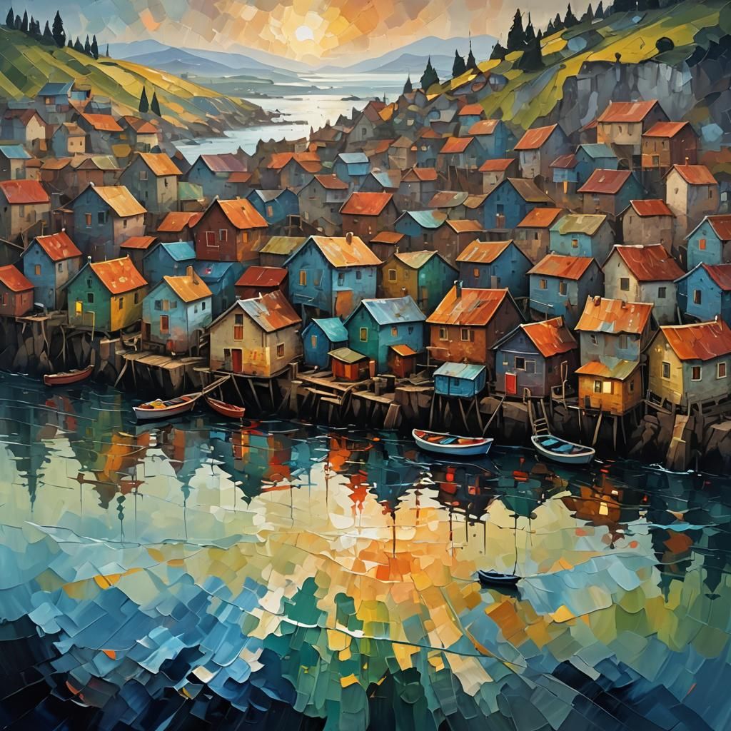 Seaside Fishing Village: Abstract Oil Painting