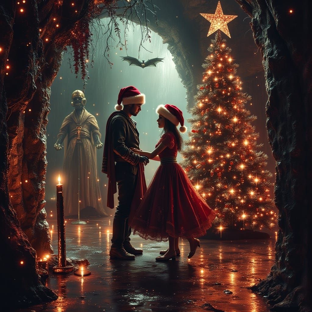 Couple Dances by Spooky Christmas Tree in Demonic Crypt