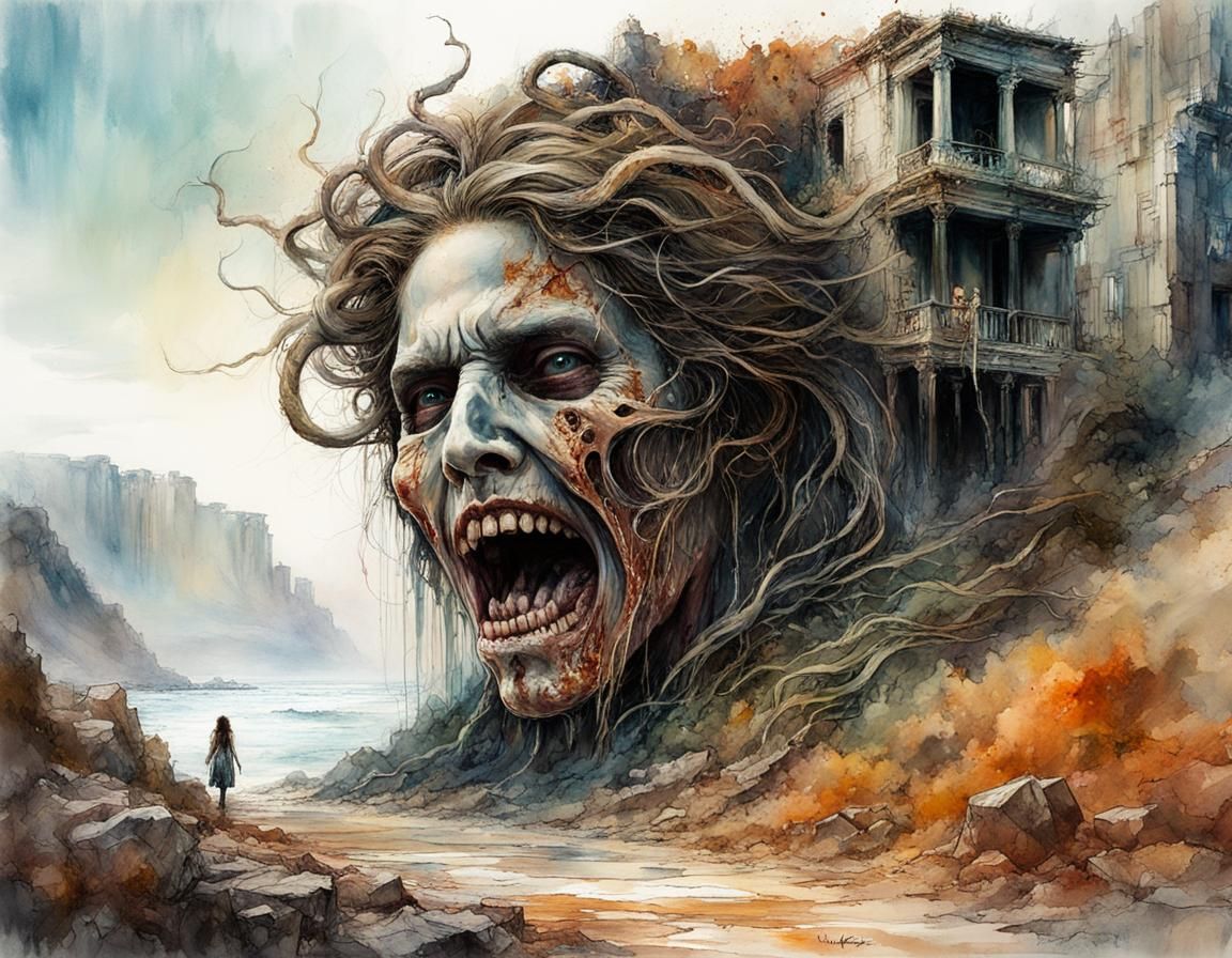 Macabre Body Horror Monster in Wasted Greek Ruins